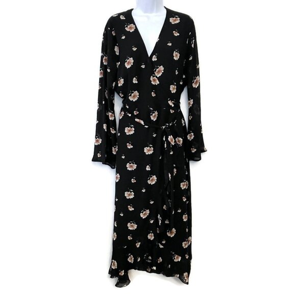 Missguided Women Black Floral Wrap Dress 14 Ruffle Boho Whimsigoth Cottagecore - Picture 2 of 9